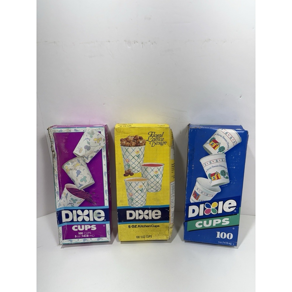 Lot Of 3 Vintage Dixie Cups Boxes - Floral Lattice Home Sweet Home Fruits Vine‎